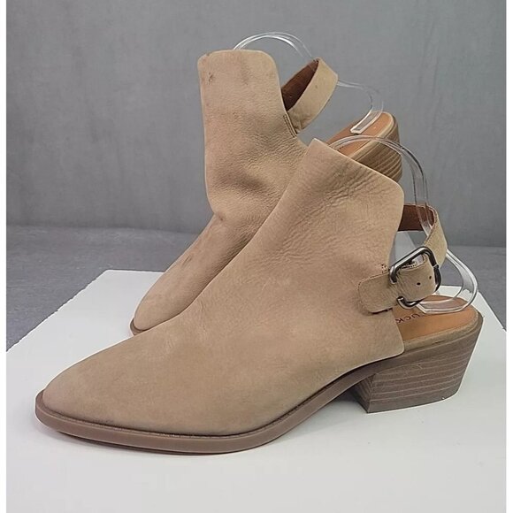 Lucky Brand Shoes Womens Sz 10 Farryn Tan Sling Back Bootie Block Heel Boho, EUC - Picture 2 of 11